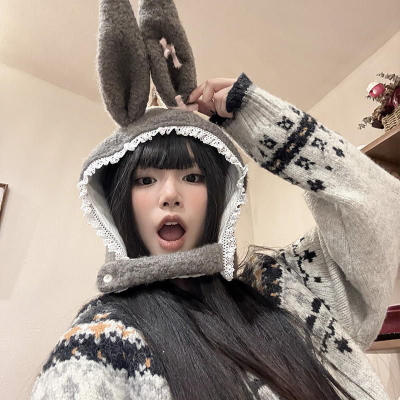 套头帽造型甜美可爱女秋冬兔耳朵