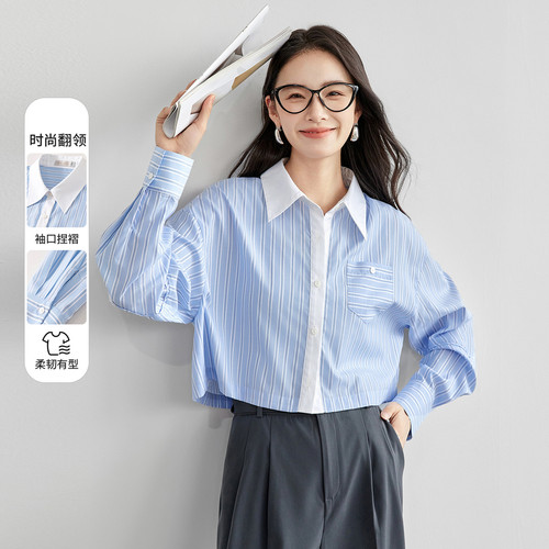 【欢欢专享】通勤撞色翻领单排扣捏褶袖子单一口袋短款落肩衬衫