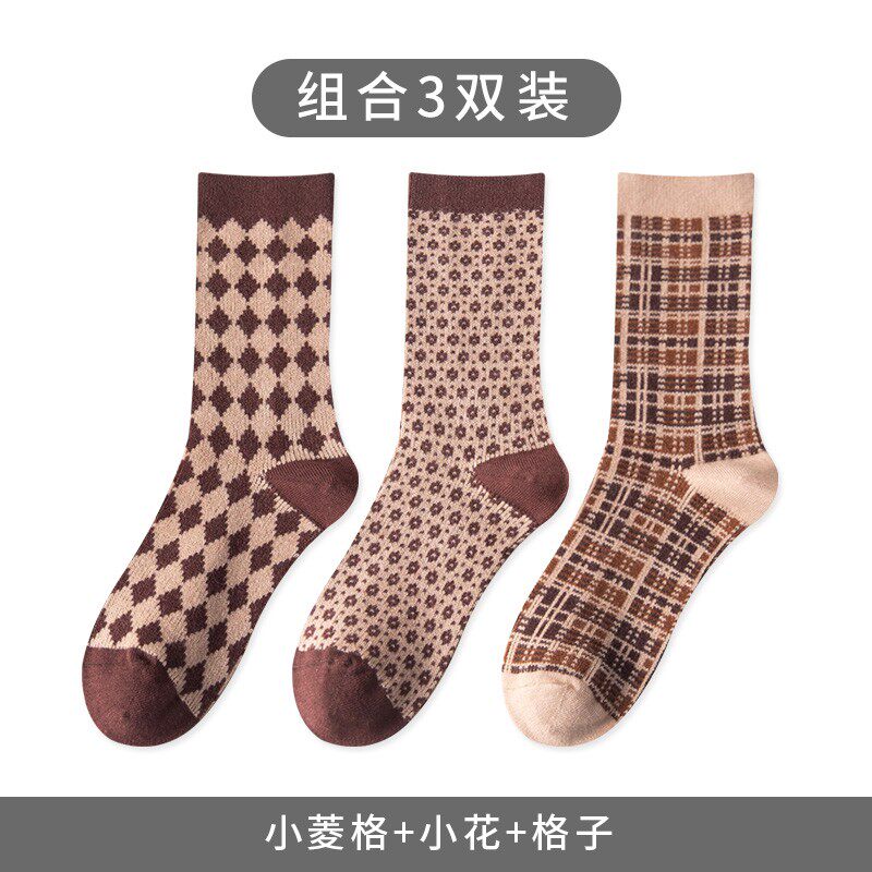 커피색 양말 여성용 종아리 중간 양말 봄 가을 일본 트렌드 복고풍 파일 양말 마름모 스타킹