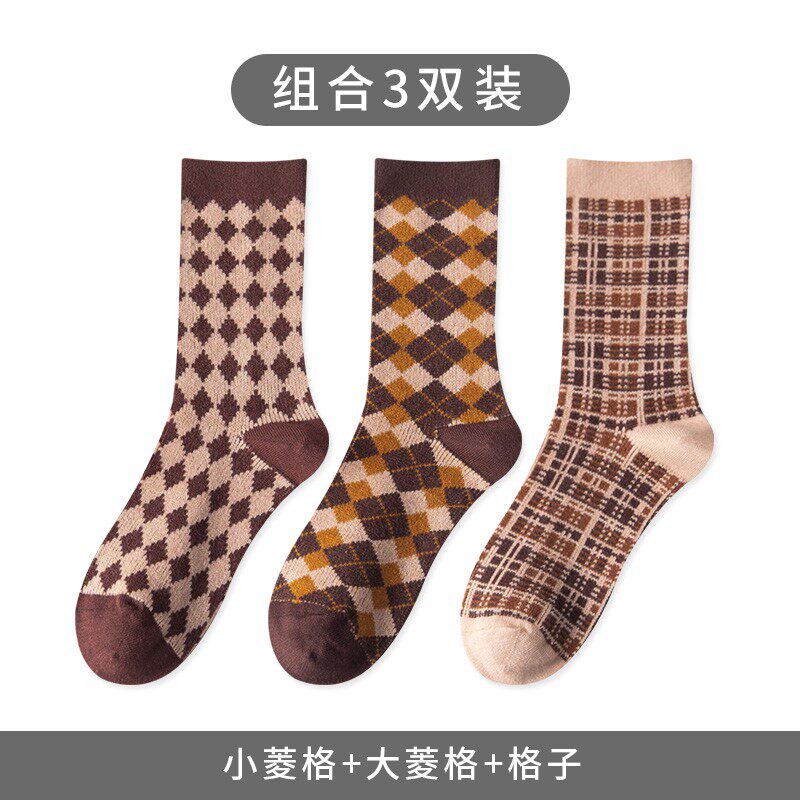 커피색 양말 여성용 종아리 중간 양말 봄 가을 일본 트렌드 복고풍 파일 양말 마름모 스타킹
