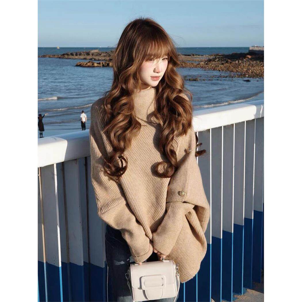 慵懒高领蝙蝠袖穿搭针织衫女秋冬宽松高级感毛衣外套外搭斗篷上衣