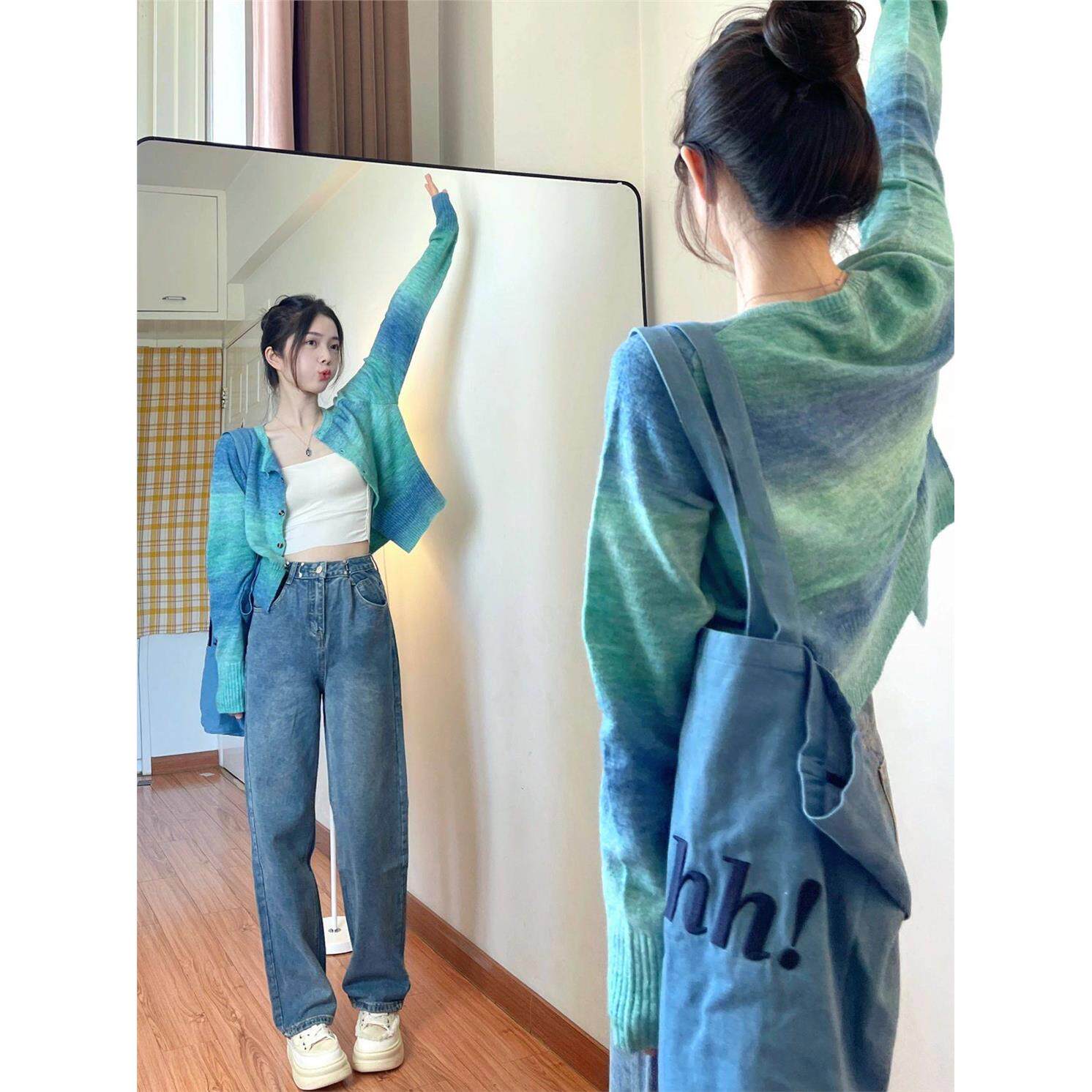 蓝绿色扎染针织开衫女春