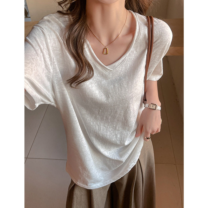 夏季V领雪花棉慵懒风宽松落肩短袖t恤女韩版百搭纯色休闲基础上衣