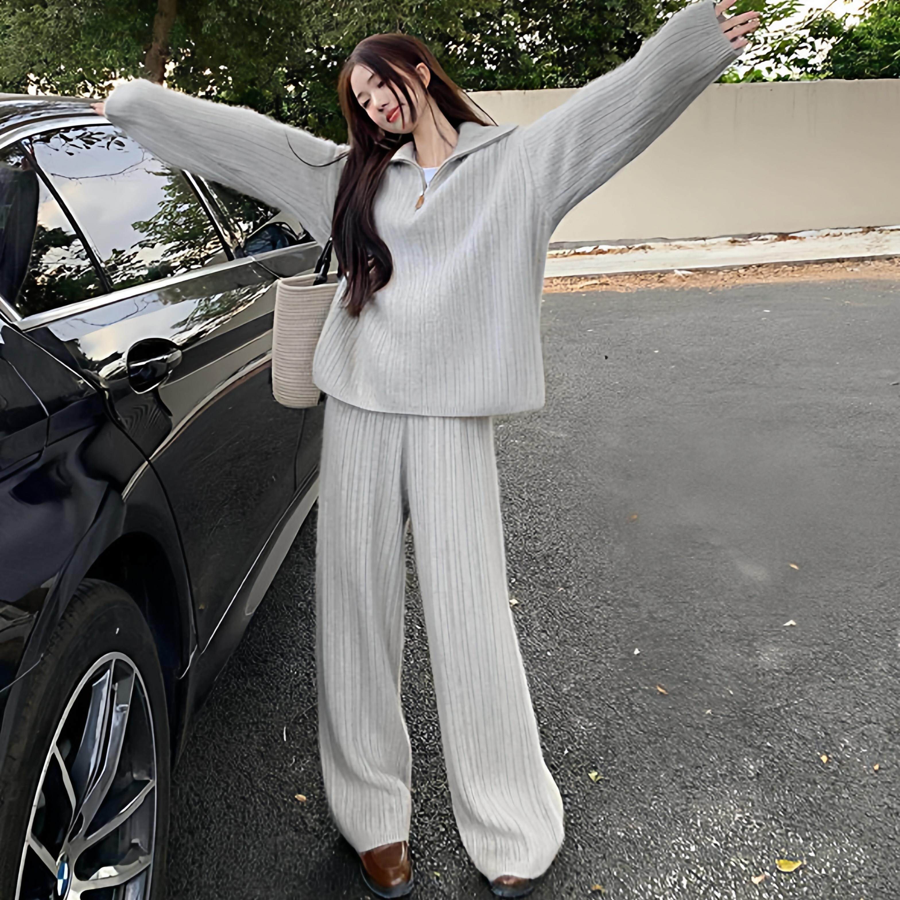 慵懒风针织衫套装女秋冬新款韩系休闲百搭针织毛衣长裤子两件式套