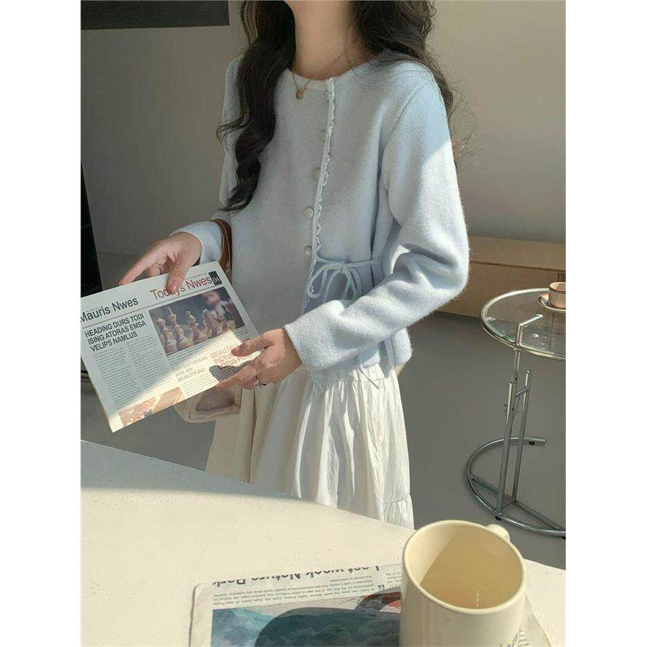 韩系温柔蓝色短款系带上衣拼接蕾丝针织开衫甜美宽松毛衣外套女