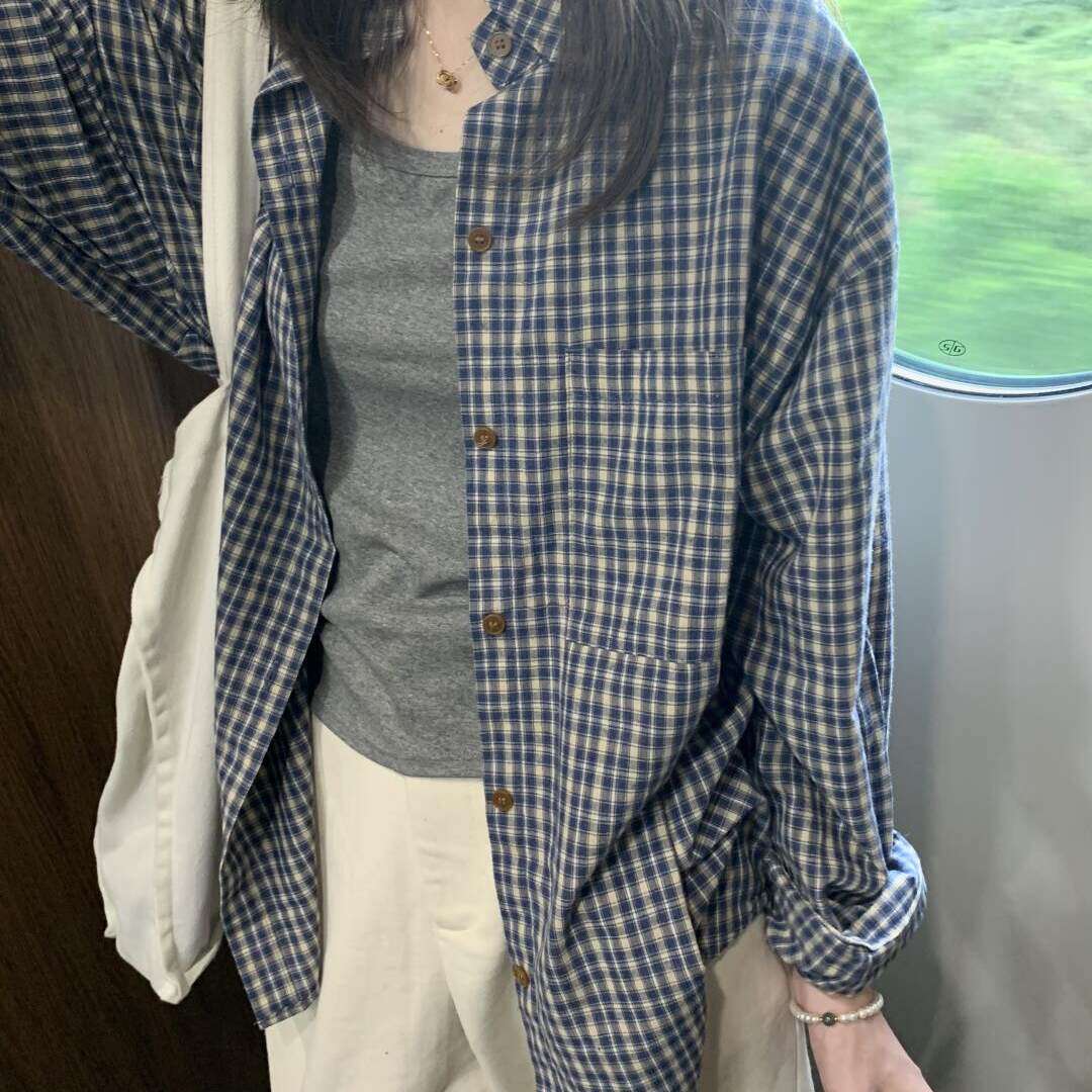 韩版蓝色格子长袖衬衫女春季2025新款慵懒风衬衣外套宽松显瘦上衣