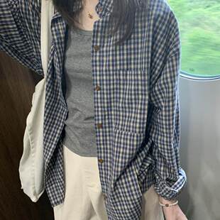 韩版蓝色格子长袖衬衫女春季2025新款慵懒风衬衣外套宽松显瘦上衣