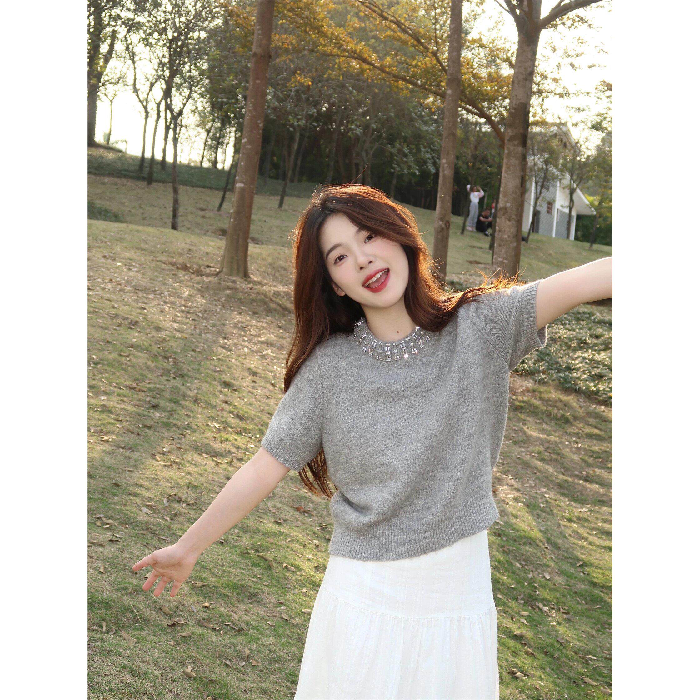 春款miu系带钻毛衣短袖t恤女2025夏季宽松马海毛针织衫短款上衣