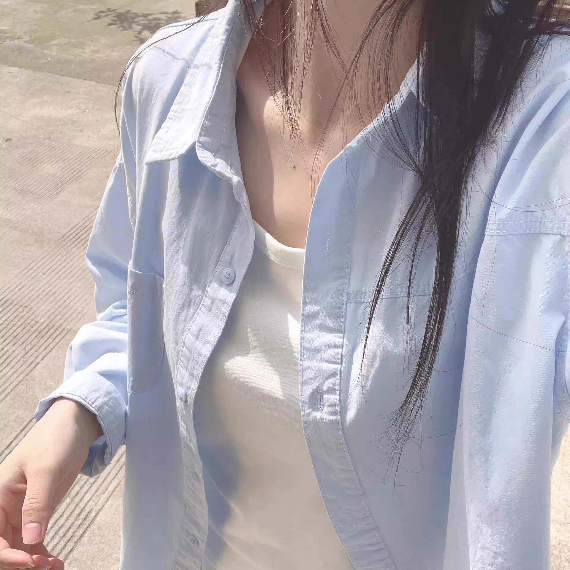 纯棉蓝色衬衫女春秋2025新款翻领内搭长袖衬衫外穿小个子韩系上衣