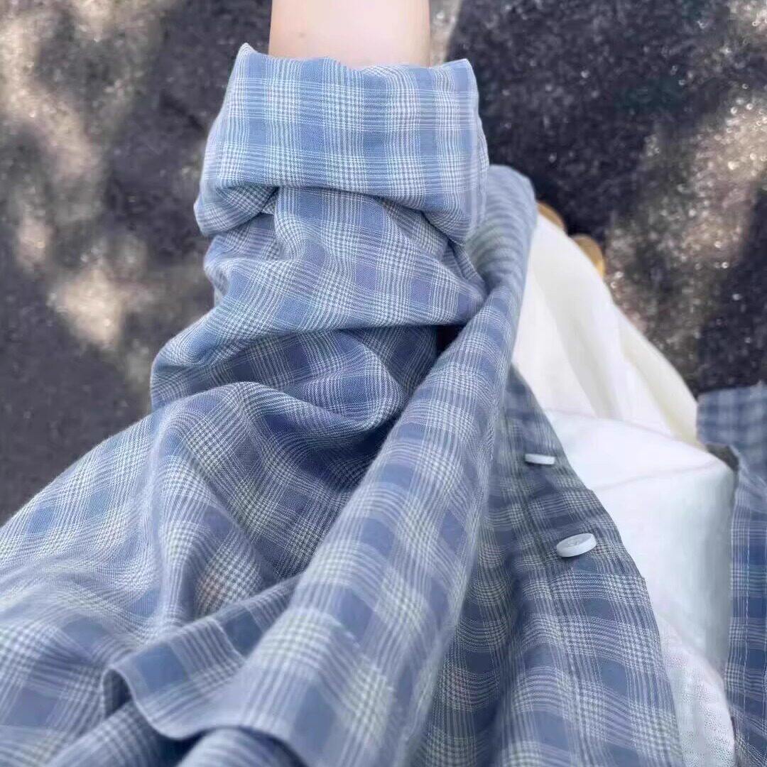 章若楠同款长袖蓝色格子