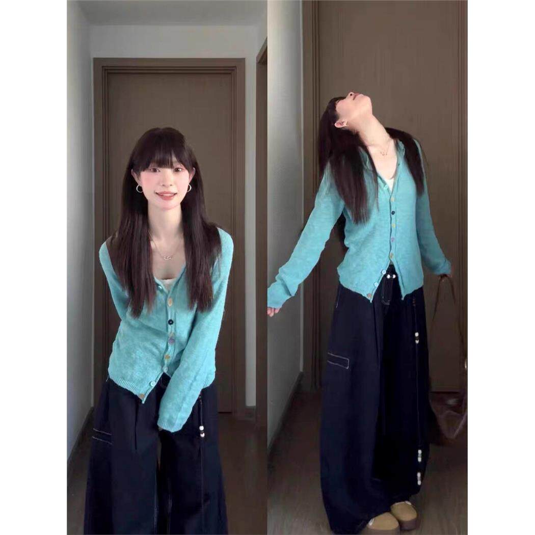 高级设计感韩系清冷感蓝色长袖针织开衫女早秋季软糯百搭毛衣外套