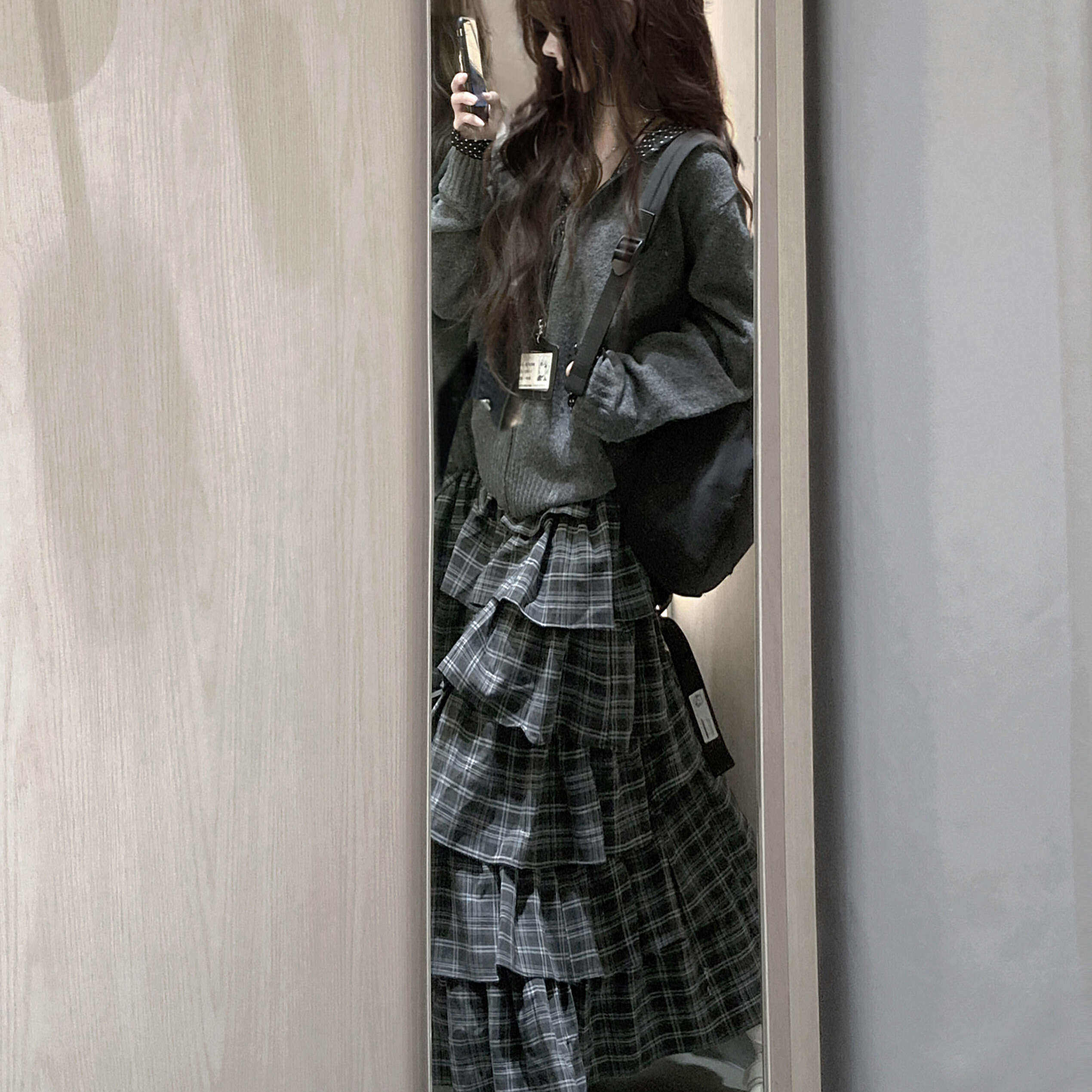 美式慵懒学院风灰色波点连帽毛衣开衫女秋冬宽松外穿针织外套上衣