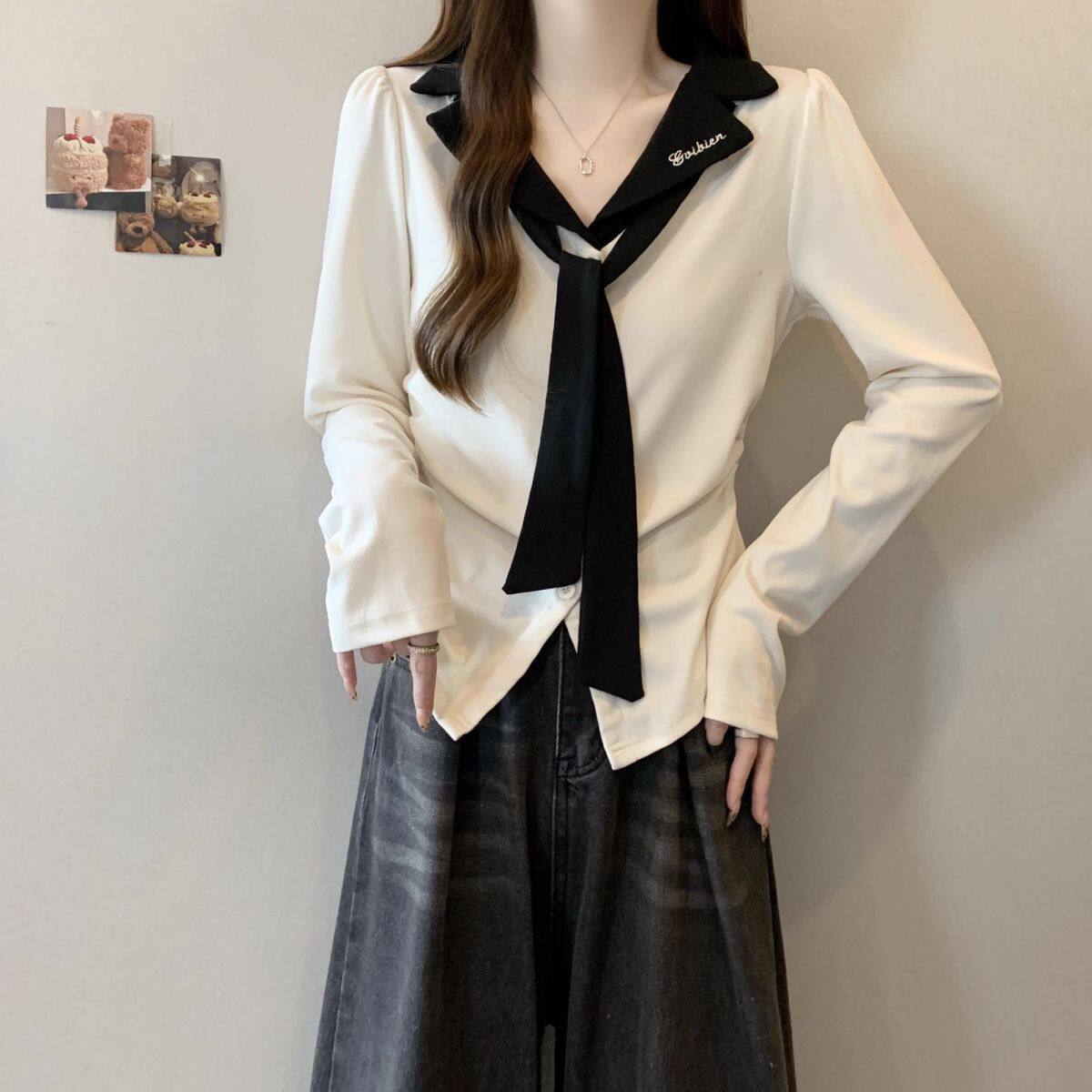 大码撞色正肩翻领长袖T恤女春季2026新款胖mm修身显瘦遮肉上衣女