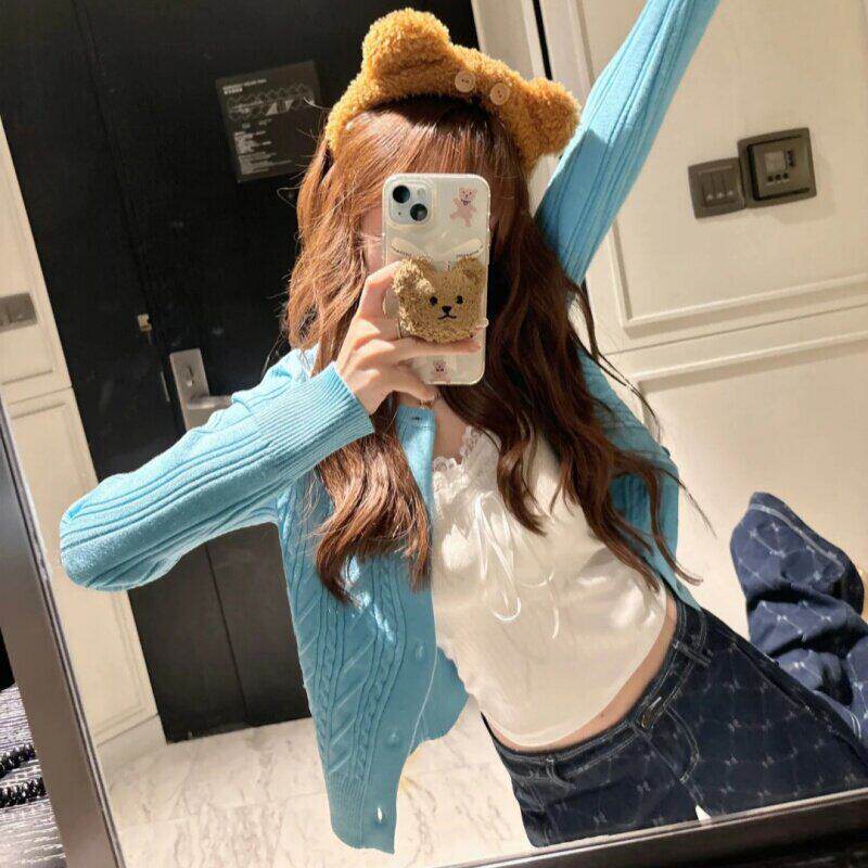 韩系氛围感短款上衣麻花针织开衫女春秋季设计感小众蓝色毛衣外套