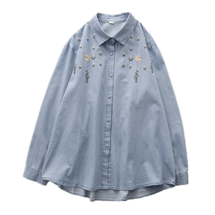2023秋季新款小花朵树叶刺绣宽松衬衣翻领长袖休闲文艺牛仔衬衫女