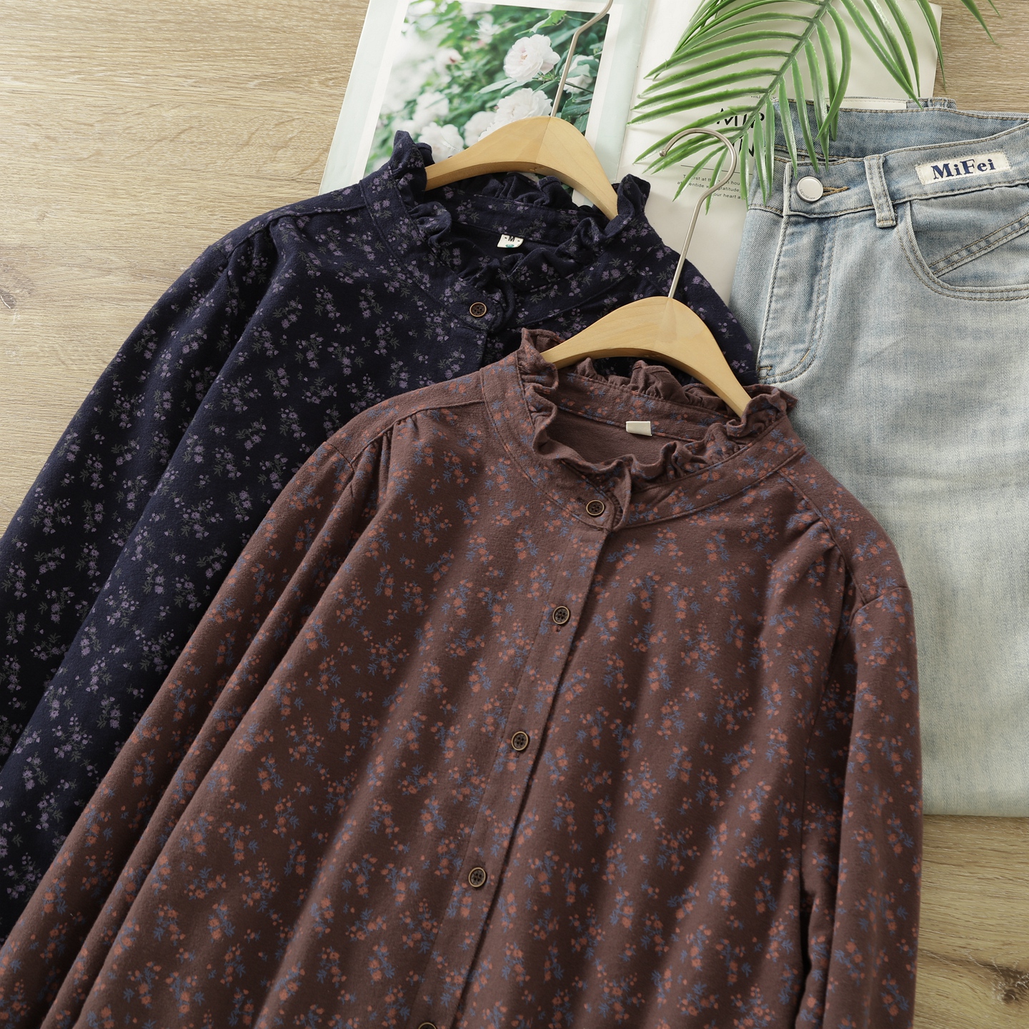 法式秋冬复古碎花木耳花边领碎花磨毛长袖衬衫女宽松叠穿纯棉衬衣