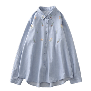 2024春新款可爱花朵小熊刺绣棉衬衣女装翻领长袖宽松休闲牛仔衬衫