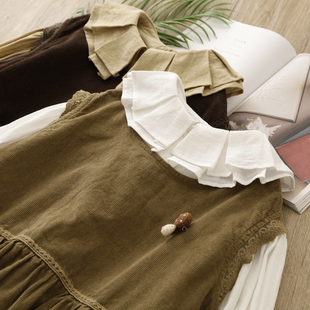 复古文艺清新森女蕾丝系带灯芯绒娃娃衫 背心 马甲宽松叠穿百搭无袖