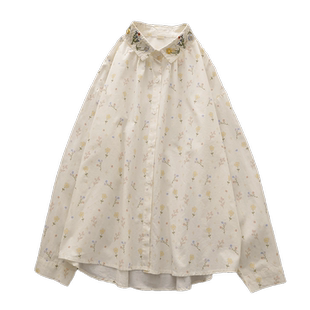 清新田园风小碎花印花上衣翻领精致绣花棉质宽松休闲衬衫女装秋季