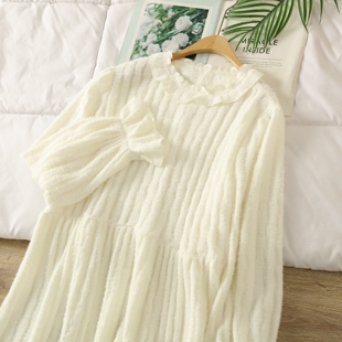 法式温柔纯欲风木耳边圆领长袖连衣裙女秋甜美宽松百搭中长裙内搭