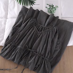 韩版复古鸡心领纯棉格纹连衣裙女系带收腰中长裙文艺长袖衬衫裙秋