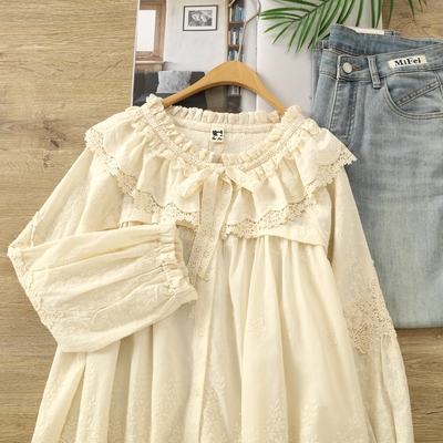 洋气少女品质感系带娃娃领长袖衬衫女秋森系仙气镂空刺绣宽松衬衣