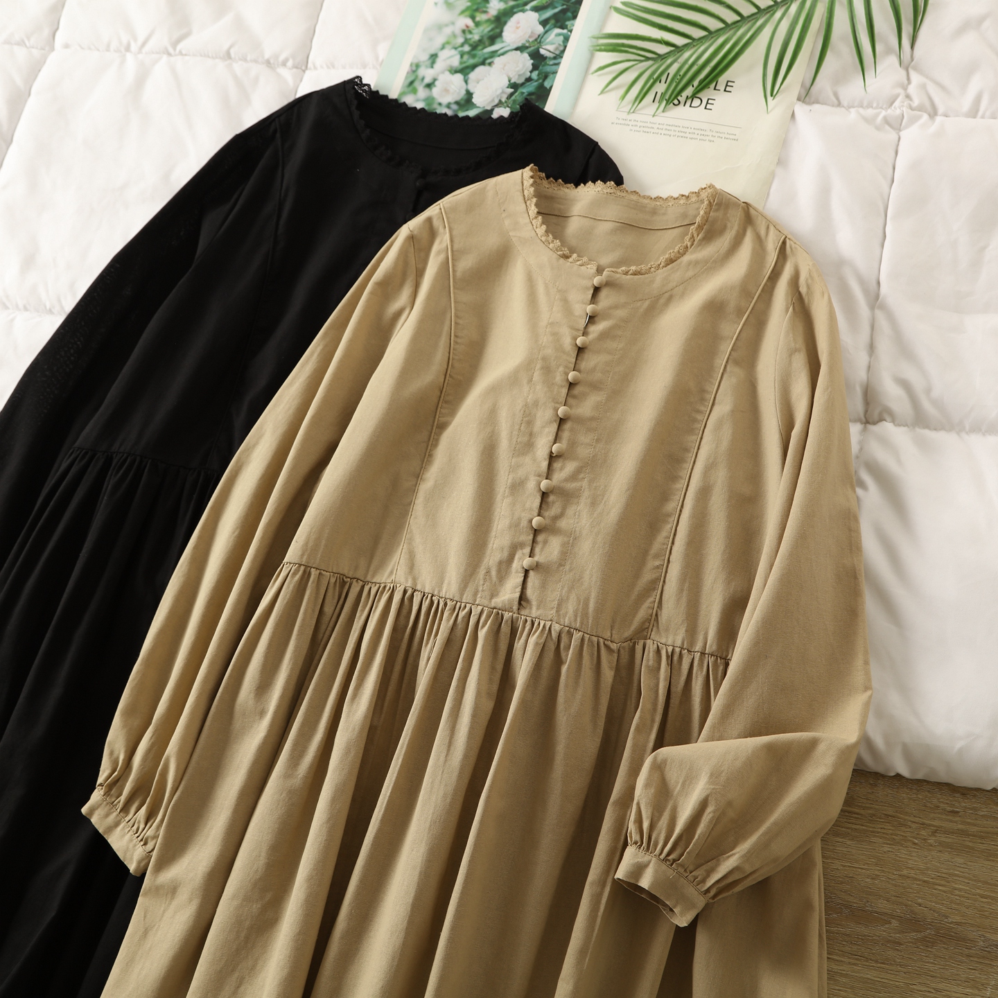 2025秋季新款复古棉麻长袖连衣裙女简约气质宽松慵懒风过膝中长裙