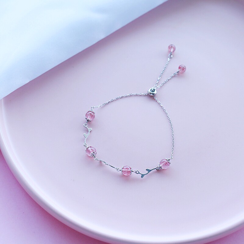 s925纯银草莓晶手链女 高级感森系花枝草日韩小清新气质桃花闺蜜