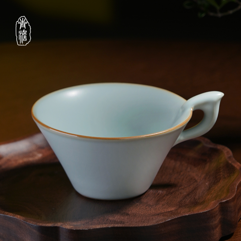 青澹汝窑主人杯单个复古景德镇茶杯带把陶瓷品茗杯手工天青色杯子