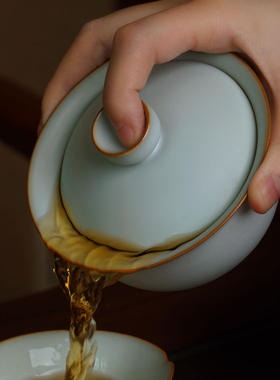 汝窑盖碗茶杯单个大号泡茶碗景德镇汝瓷三才杯手工陶瓷茶具冰裂釉