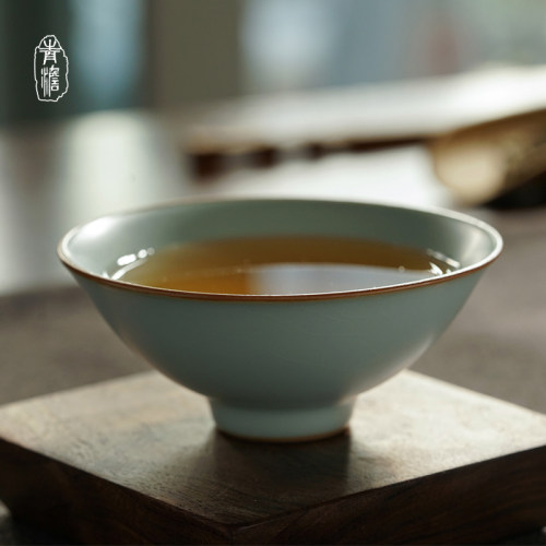 陶瓷开片可养天青色冰裂釉斗笠杯