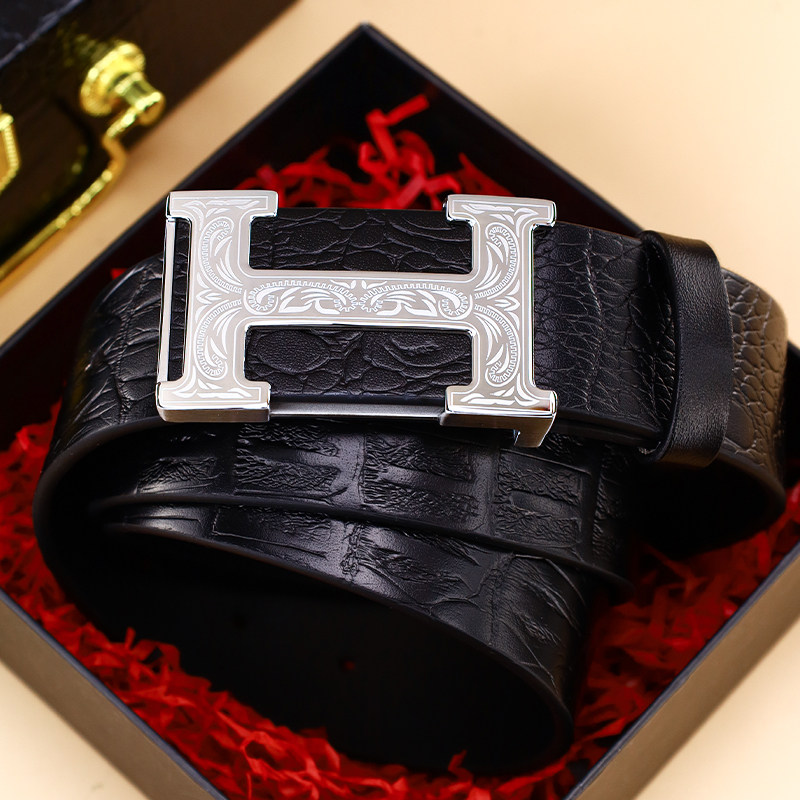 EONEYPAUL男士真皮腰带商务鳄鱼纹H扣平滑扣高档轻奢皮带送礼盒装