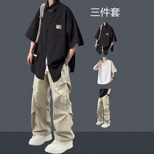 夏季男生短袖衬衫套装青少年韩版潮流帅气少年感三件套设计感穿搭