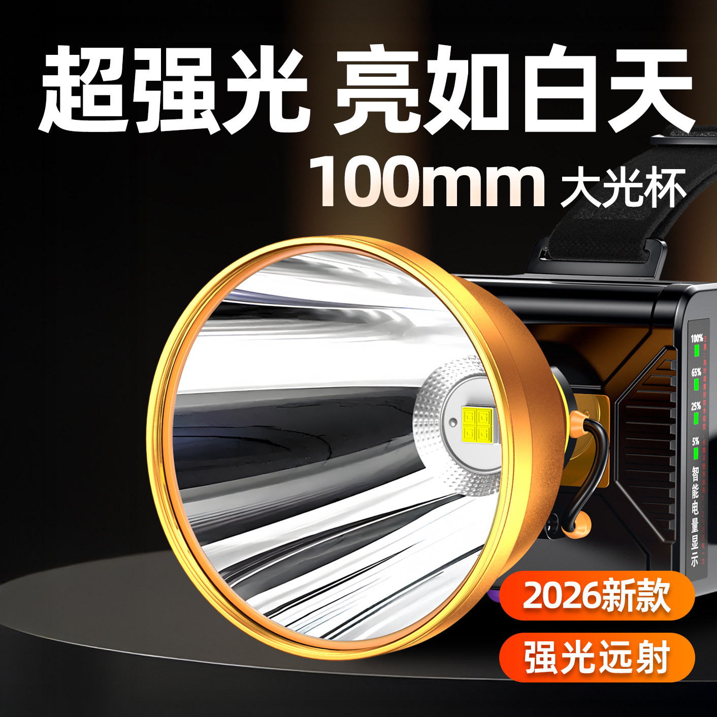 头灯2026新款强光超亮头戴式超长续航钓鱼专用灯赶海充电户外矿灯