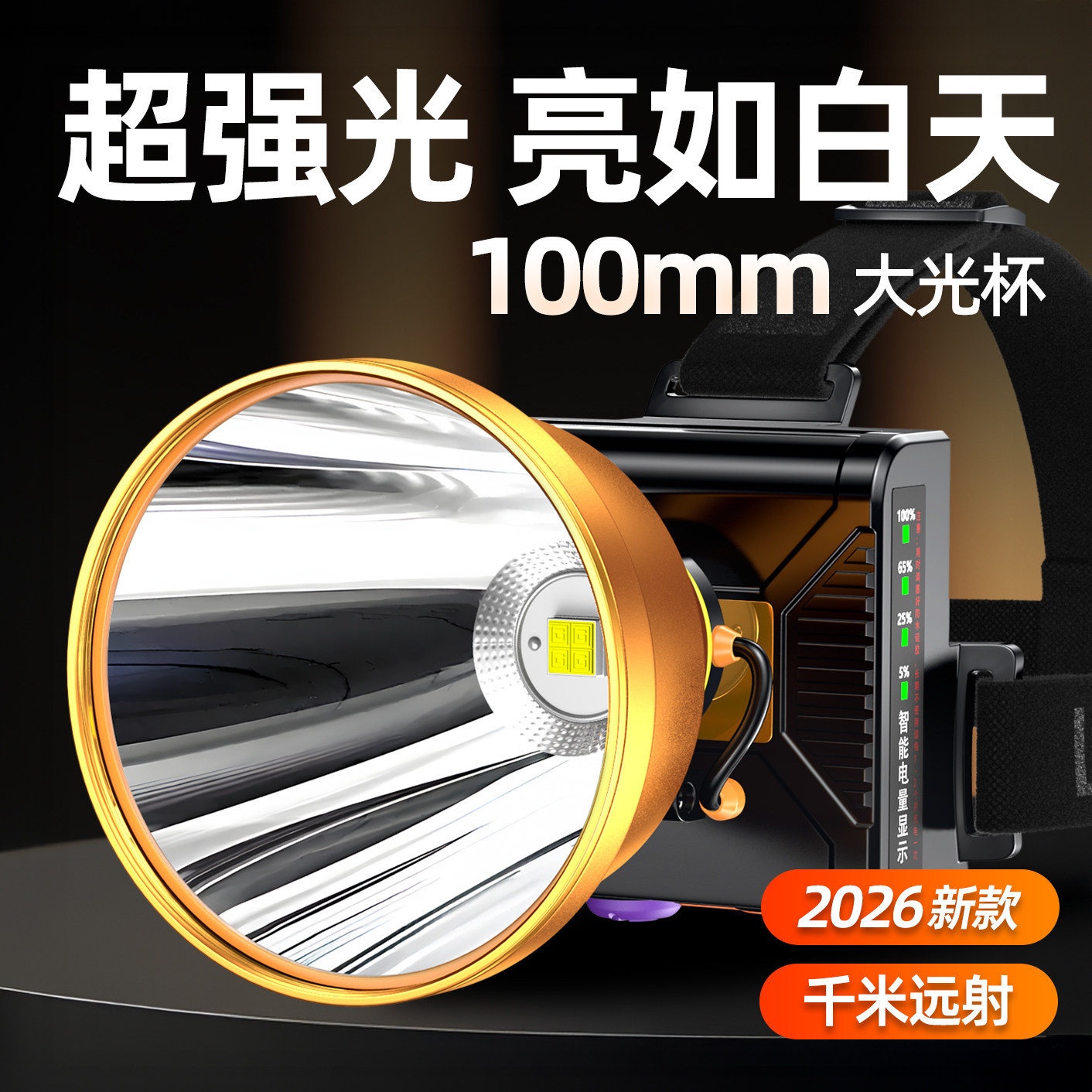 头灯2026新款强光超亮头戴式超长续航钓鱼专用灯赶海充电户外矿灯