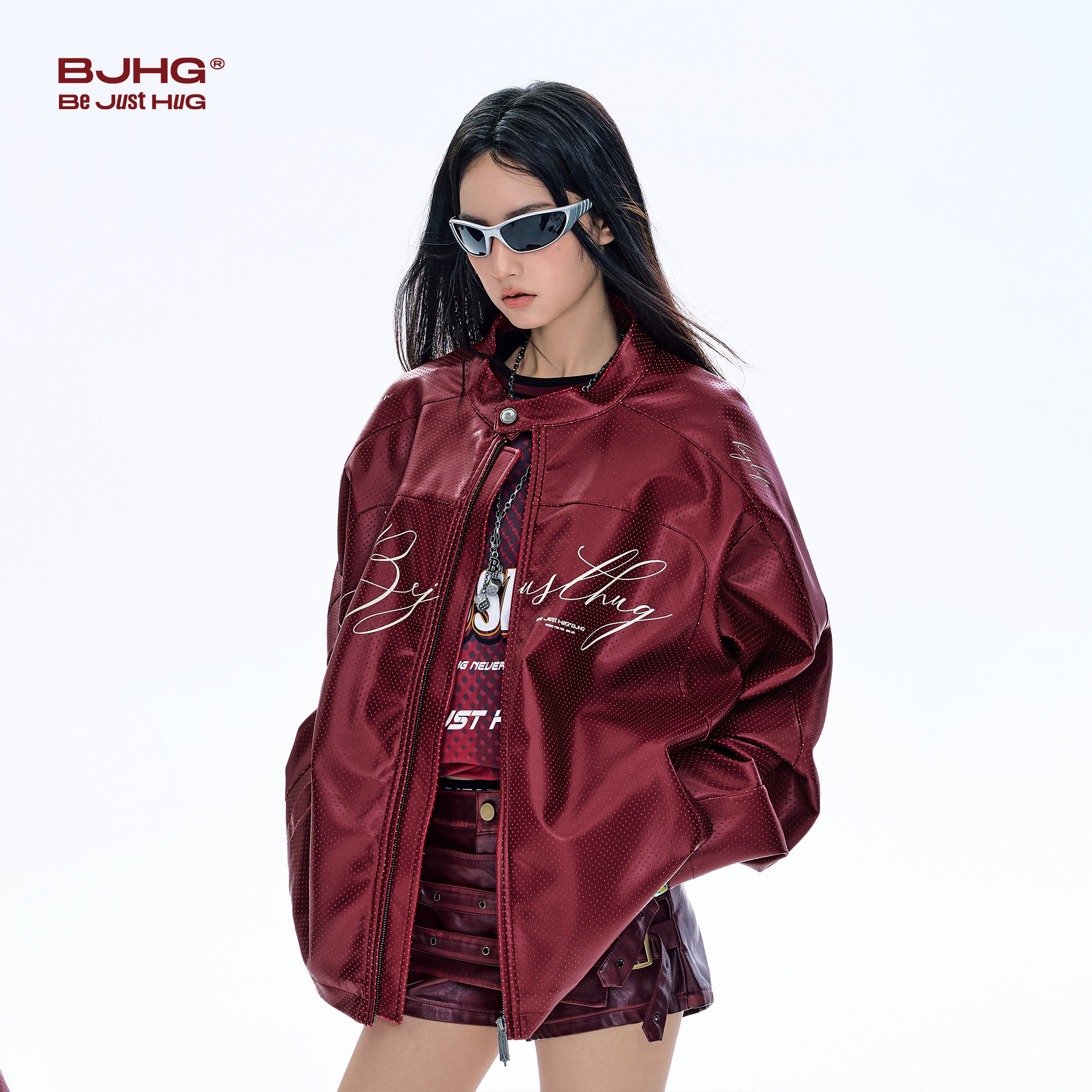 BJHG不计后果红色皮衣外套男款秋季潮牌美式机车服小立领皮夹克女