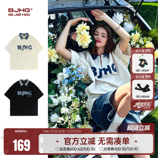 牛仔polo衫 男夏季 BJHG不计后果 短袖 复古翻领T恤 新款 重磅拼接美式