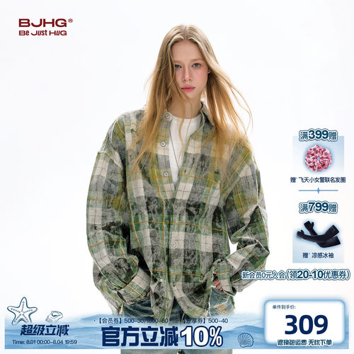 BJHG格子衬衫夏季废土风做旧外套