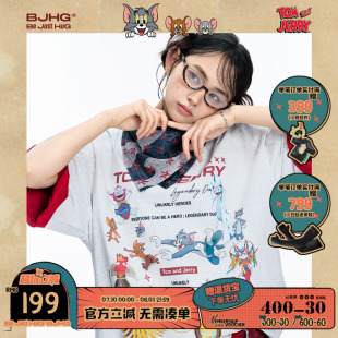 凉感美式 BJHG猫和老鼠联名 夏季 t恤男款 复古上衣女 飞毛腿贴贴短袖