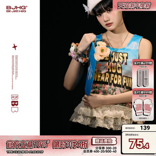 无袖 BJHG不计后果背心女2025新款 运动健身印花砍袖 潮牌美式 T恤 夏