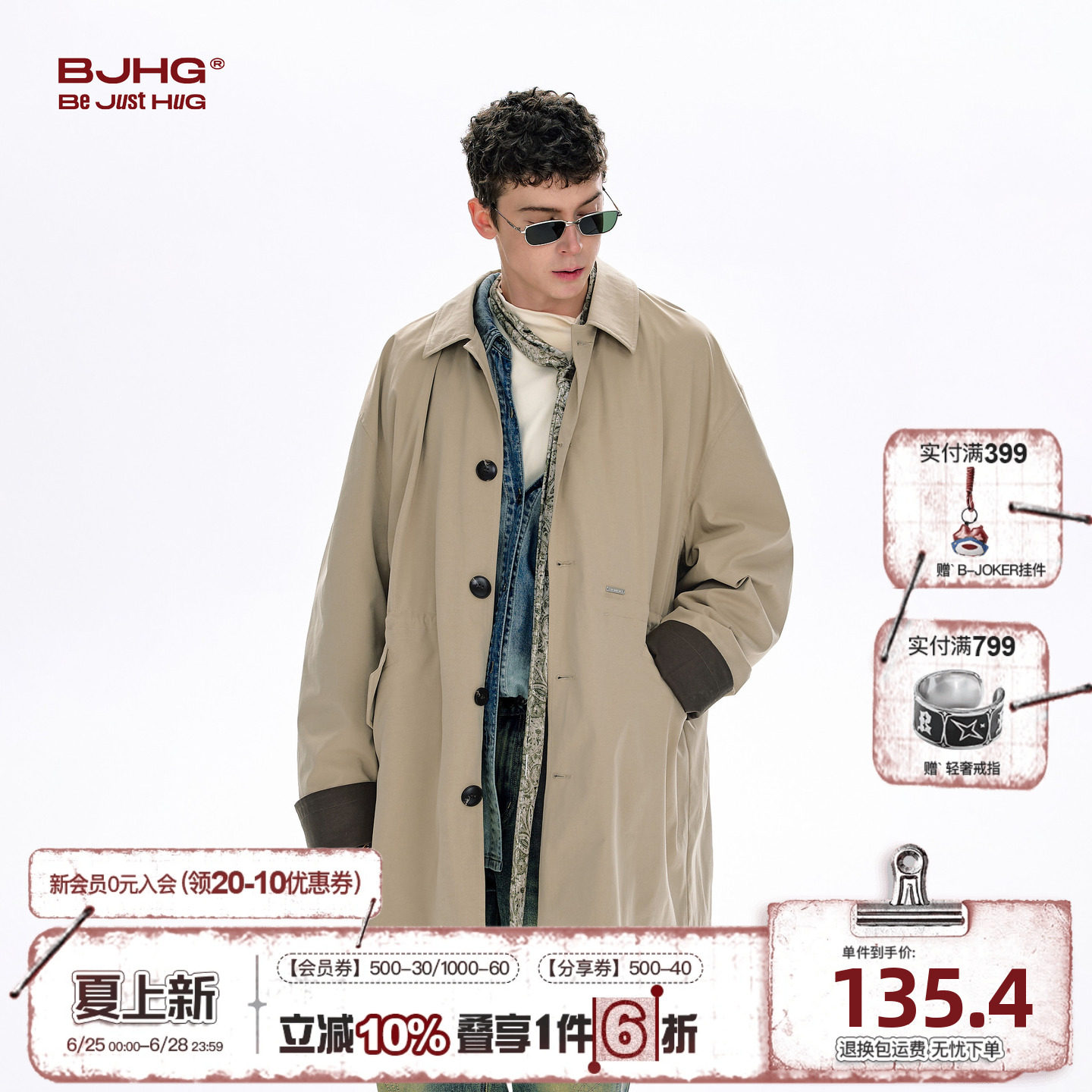 BJHG不计后果风衣外套男款春季潮牌翻领夹克慵懒韩式中长款大衣女