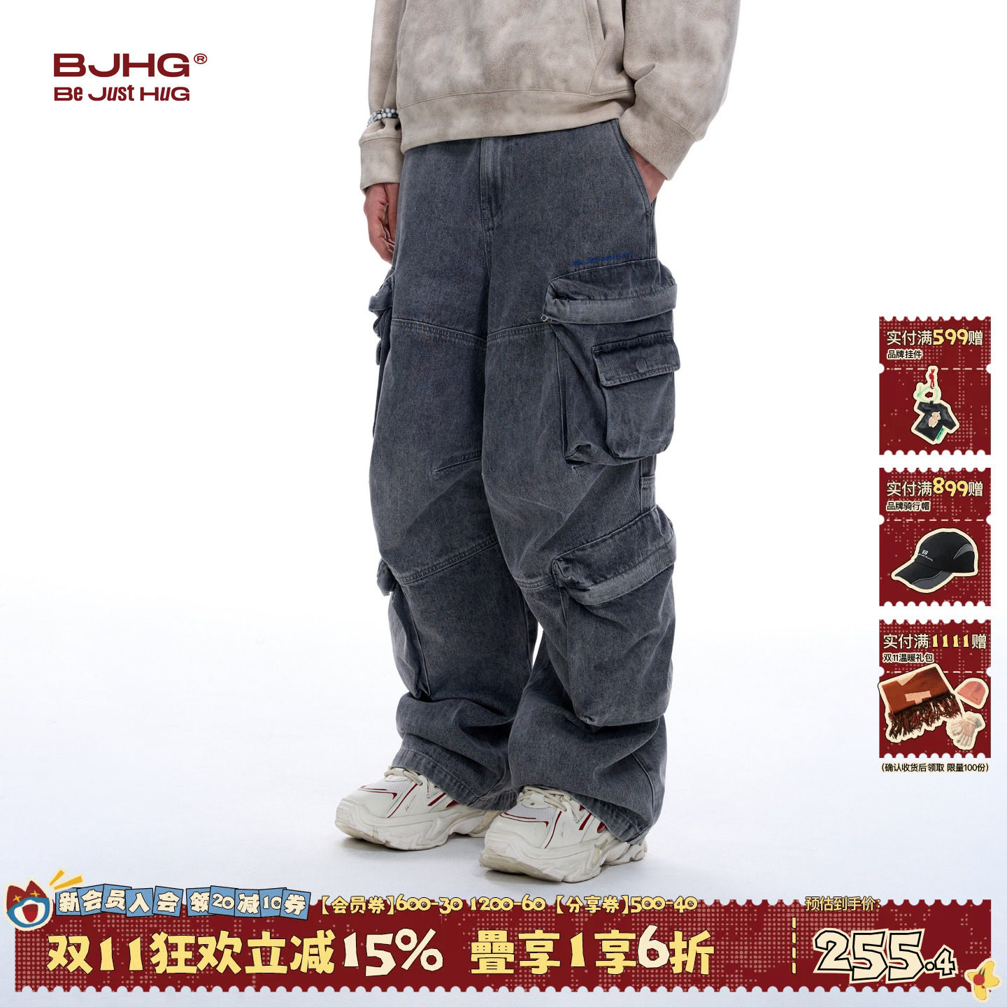 BJHG不计后果美式复古休闲裤男秋季宽松牛仔裤立体口袋工装裤子女