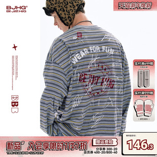 潮牌美式 BJHG不计后果 春季 T恤男款 复古休闲纯棉卫衣薄女 条纹长袖