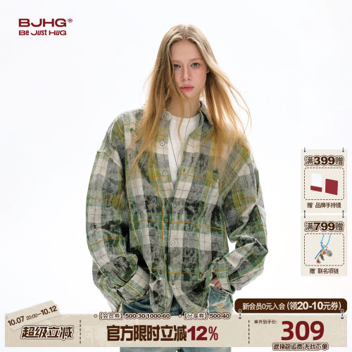 BJHG格子衬衫秋季废土风做旧外套