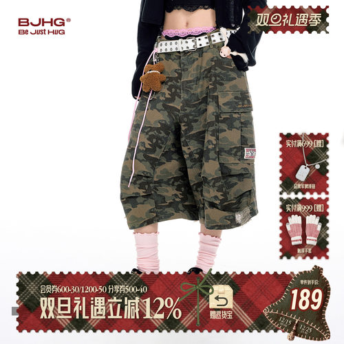 BJHG迷彩七分裤复古牛仔短裤