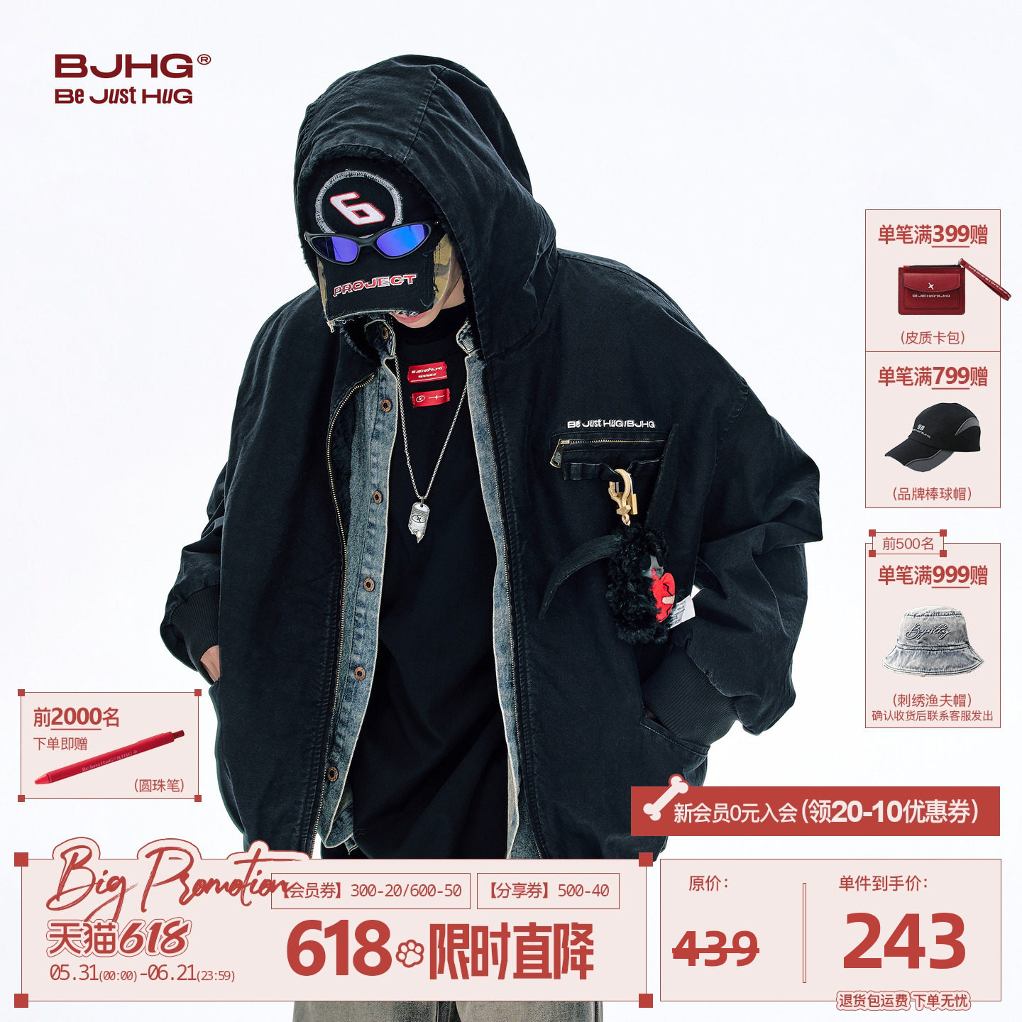 BJHG不计后果座山雕棉服男款冬季潮复古连帽美式棉袄外套防寒服女