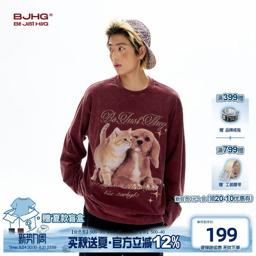 BJHG长袖T恤动物印花做旧水洗秋