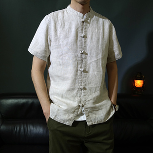 中式夏季新款立领盘扣纯亚麻短袖唐装男款衬衫麻料中山装汉服禅服