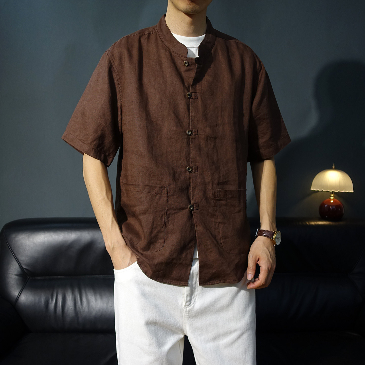 纯亚麻短袖盘扣唐装衬衫复古禅服