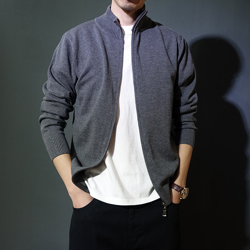 春秋立领新款纯棉修身开衫毛衣男外套拉链针织衫打底衫束口毛线衣